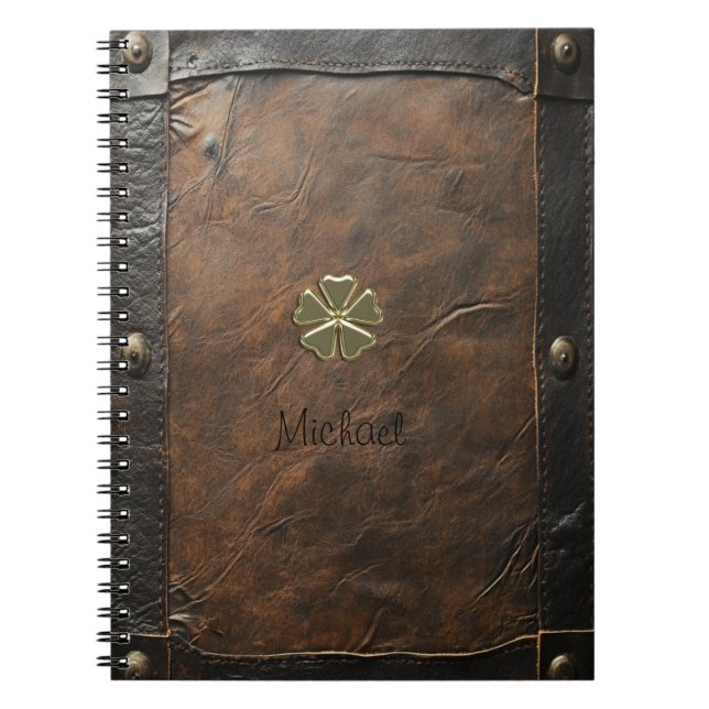 Gold Shamrock St.Patrick`s Day,Brown Leather Notebook (Front)
