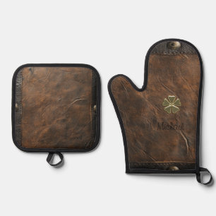 Gold Shamrock St.Patrick`s Day,Brown Leather Oven Mitt & Pot Holder Set