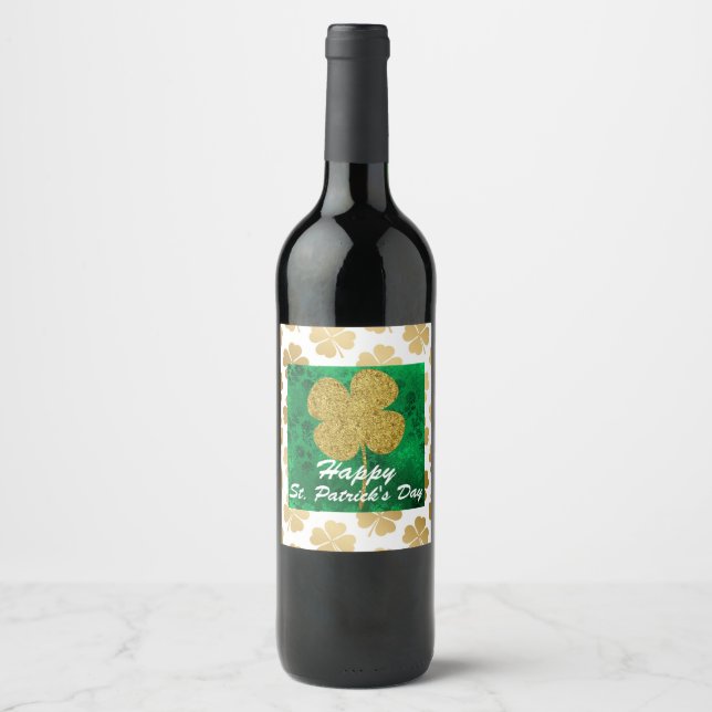 Gold Shamrocks Green Floral Wine Label (Front)