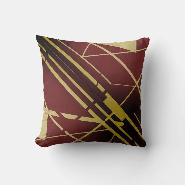 Gold Shapes Lines on Burgundy Black Flowing Design Cushion (Front)