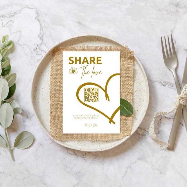 Gold Share the love Wedding Photo Share QR code  Pedestal Sign (Creator Uploaded)