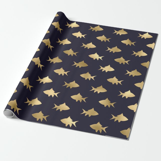 Gold Sharks on Navy Wrapping Paper (Unrolled)