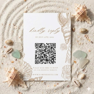 Gold Shells & White Coastal QR Code Wedding RSVP Card