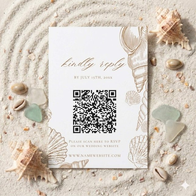 Gold Shells & White Coastal QR Code Wedding  RSVP Card (Creator Uploaded)