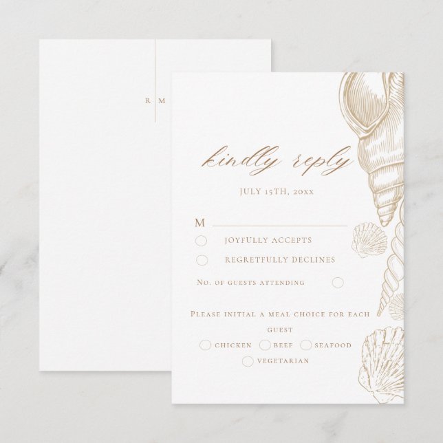 Gold Shells & White Coastal Wedding Kindly Reply RSVP Card (Front/Back)