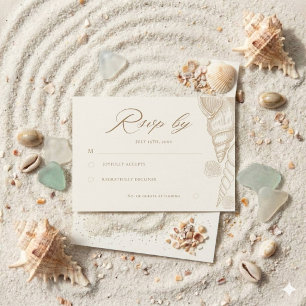 Gold Shells & White Coastal Wedding RSVP Card