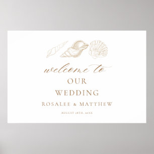 Gold Shells & White Coastal Wedding Welcome Sign