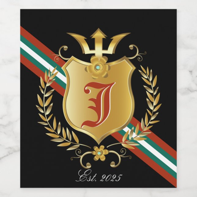 Gold Shield & Crest Red|Green Stripe Monogram Wine Label (Single Label)