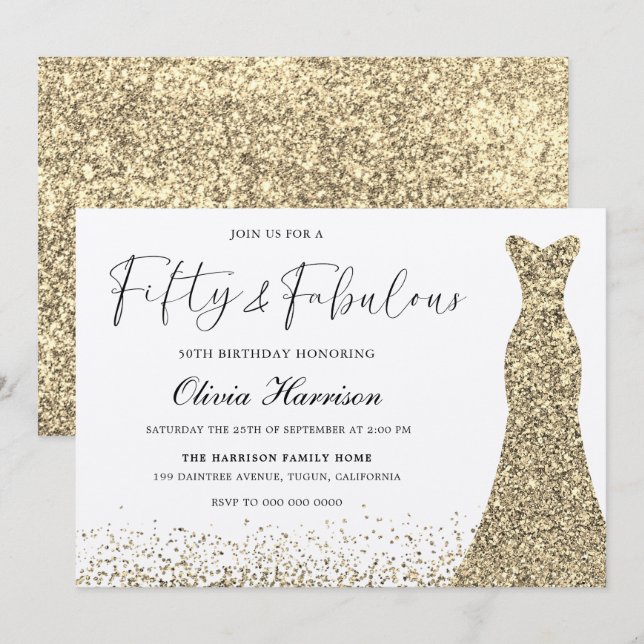 Gold Shimmer Dress Fifty & Fabulous 50th Birthday Invitation (Front/Back)