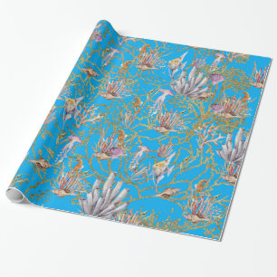 Gold Shimmer Underwater Coral Seahorse Aquarium Wrapping Paper