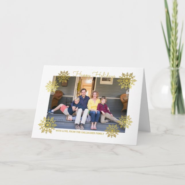 Gold Shimmering Chic Snowflake Holiday Photo Card (Front)