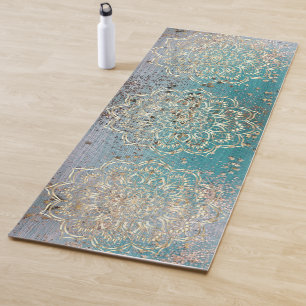 Gold Shimmery Triple Mandala on Teal Yoga Mat