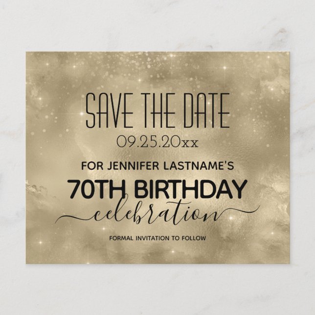 Gold Shine 70th Birthday Save the Date Budget (Front)