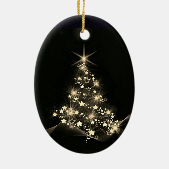 Gold Shine of Stars on Christmas Tree Dark  Ceramic Ornament (Back)