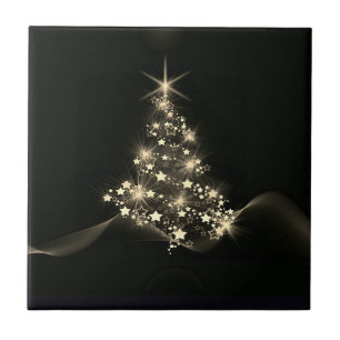 Gold Shine of Stars on Christmas Tree Dark  Ceramic Tile