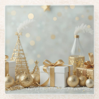 gold shinning presents glass coaster