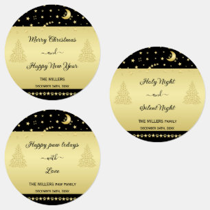 Gold shiny Christmas stars, paws on gold & black