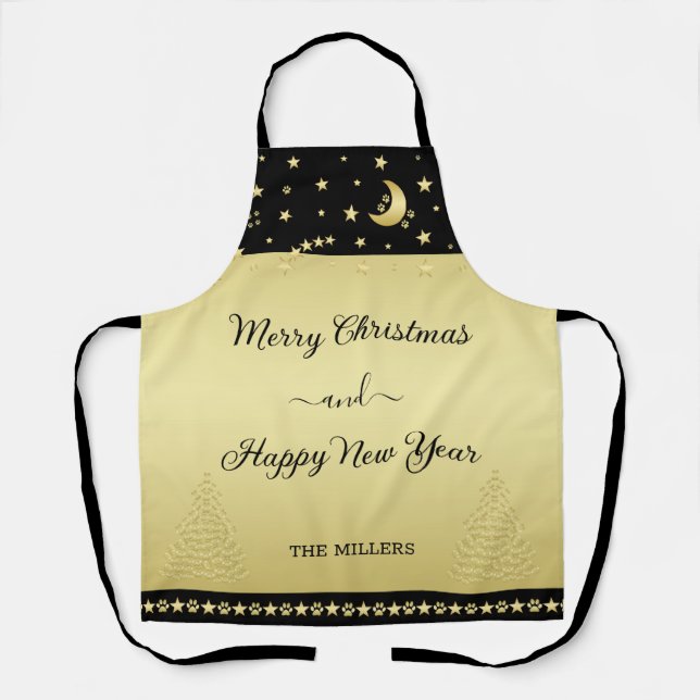 Gold shiny Christmas stars, paws on gold & black Apron (Front)