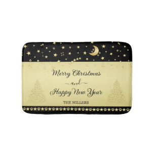 Gold shiny Christmas stars, paws on gold & black Bath Mat