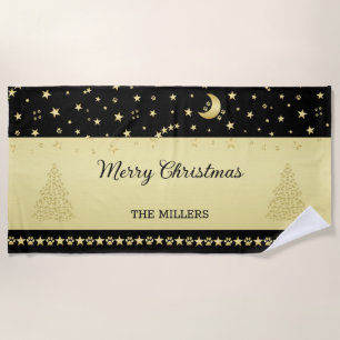 Gold shiny Christmas stars, paws on gold & black Beach Towel