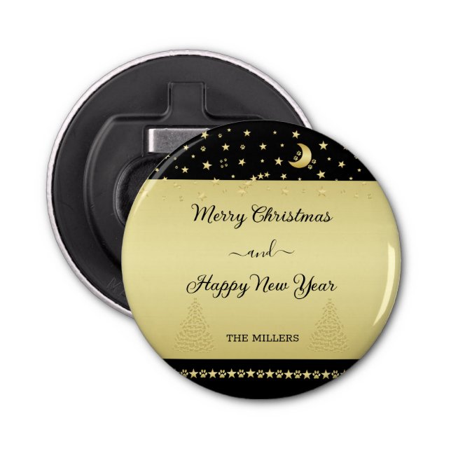 Gold shiny Christmas stars, paws on gold & black Bottle Opener (Front)