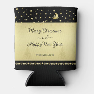 Gold shiny Christmas stars, paws on gold & black Can Cooler