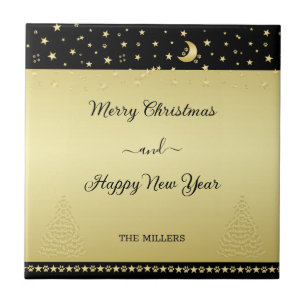 Gold shiny Christmas stars, paws on gold & black Ceramic Tile