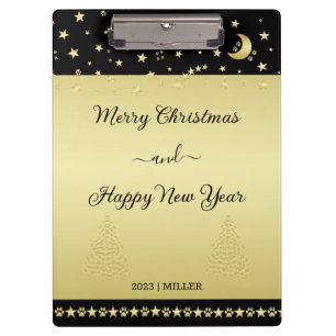 Gold shiny Christmas stars, paws on gold & black Clipboard