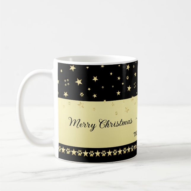 Gold shiny Christmas stars, paws on gold & black Coffee Mug (Left)