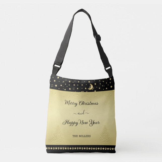 Gold shiny Christmas stars, paws on gold & black Crossbody Bag (Front)