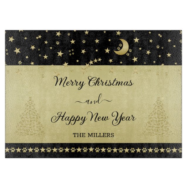 Gold shiny Christmas stars, paws on gold & black Cutting Board (Front)