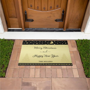 Gold shiny Christmas stars, paws on gold & black Doormat