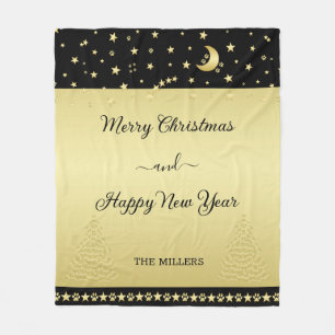 Gold shiny Christmas stars, paws on gold & black Fleece Blanket