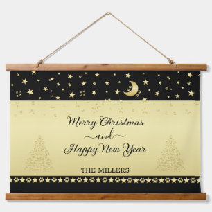 Gold shiny Christmas stars, paws on gold & black Hanging Tapestry
