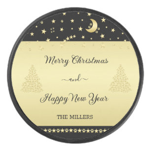Gold shiny Christmas stars, paws on gold & black Hockey Puck