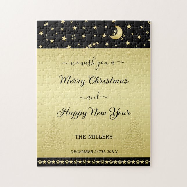 Gold shiny Christmas stars, paws on gold & black Jigsaw Puzzle (Vertical)