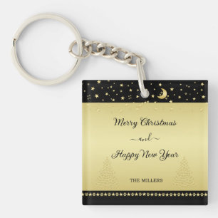 Gold shiny Christmas stars, paws on gold & black Key Ring