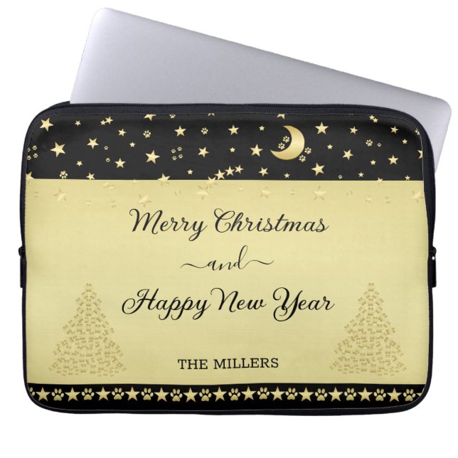Gold shiny Christmas stars, paws on gold & black Laptop Sleeve (Front)