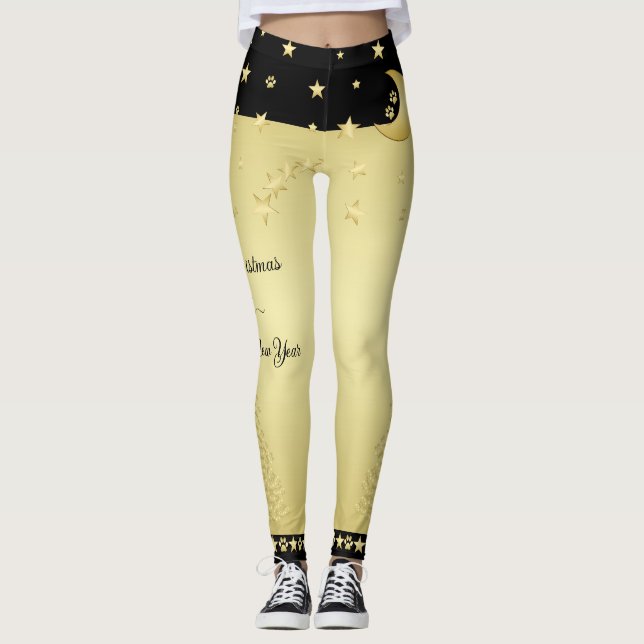 Gold shiny Christmas stars, paws on gold & black Leggings (Front)