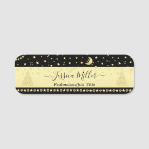 Gold shiny Christmas stars, paws on gold & black Name Tag