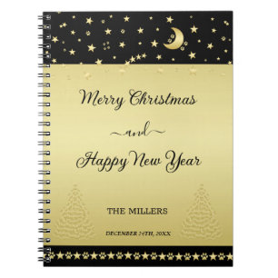Gold shiny Christmas stars, paws on gold & black Notebook