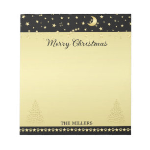 Gold shiny Christmas stars, paws on gold & black Notepad
