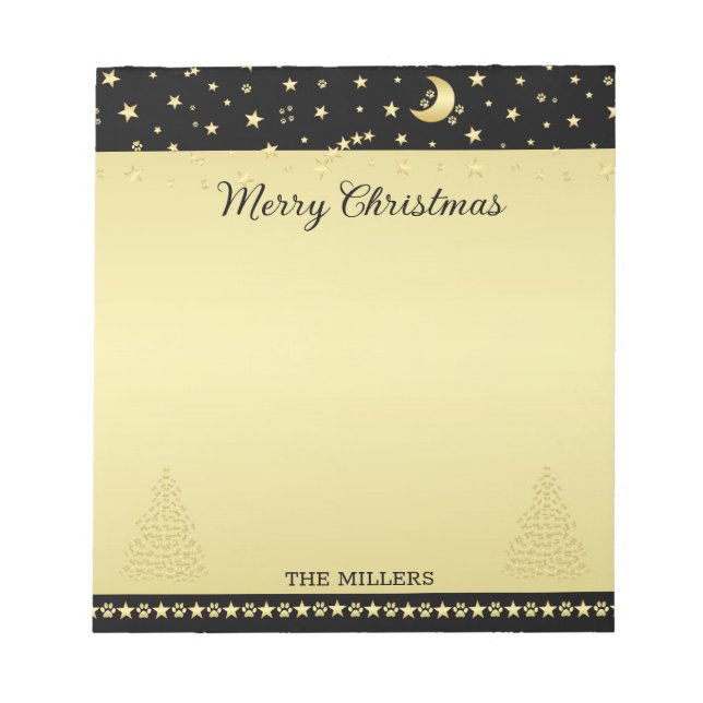 Gold shiny Christmas stars, paws on gold & black Notepad (Front)