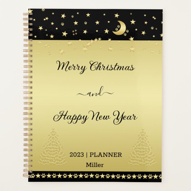 Gold shiny Christmas stars, paws on gold & black Planner (Front)