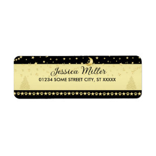 Gold shiny Christmas stars, paws on gold & black Return Address Label