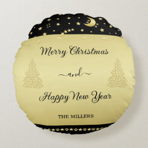 Gold shiny Christmas stars, paws on gold & black Round Cushion