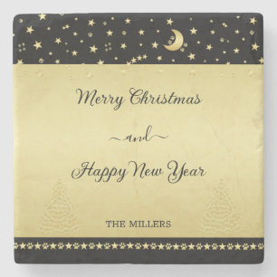 Gold shiny Christmas stars, paws on gold & black Stone Coaster