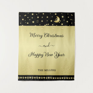 Gold shiny Christmas stars, paws on gold & black Tapestry