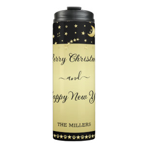 Gold shiny Christmas stars, paws on gold & black Thermal Tumbler