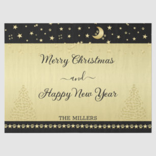 Gold shiny Christmas stars, paws on gold & black Tissue Paper